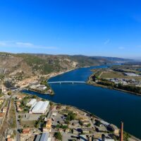 France, Ardeche (07), Le Pouzin, site industriel et fluvial, Le Rhone (vue aerienne)