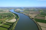 France, Bouches du Rhone (13), parc naturel regional de Camargue, Arles, Petit Plan du Bourg, culture du riz, irrigation gravitaire (vue aerienne)