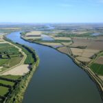France, Bouches du Rhone (13), parc naturel regional de Camargue, Arles, Petit Plan du Bourg, culture du riz, irrigation gravitaire (vue aerienne)