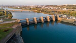 France, Rhone (69), Pierre Benite, Barrage de Pierre Benite sur Le Rhone (vue aerienne)