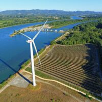 France, Ardeche (07), Le Pouzin, site industriel et fluvial, Parc eolien et Parc Photovoltaique, barrage du Pouzin sur Le Rhone en arriere plan (vue aerienne)